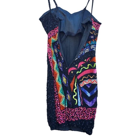 Black Beaded Dress 80s XS Together Silk Black Colorful - Picture 5 of 16